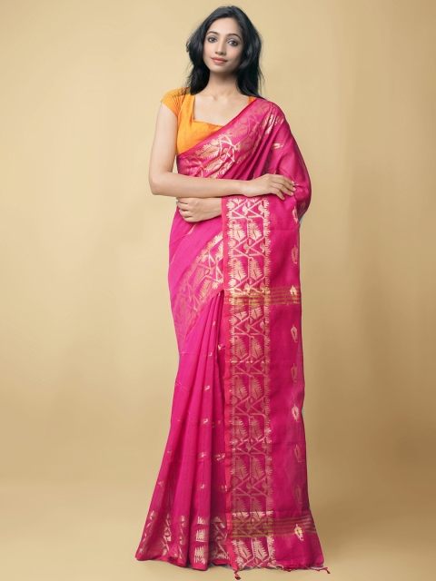 

Unnati Silks Pink & Gold-Toned Ethnic Motifs Woven Design Bengal Pure Linen Saree