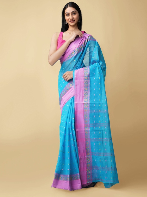 

Unnati Silks Blue & Pink Ethnic Motifs Pure Cotton Bengal Taant Saree