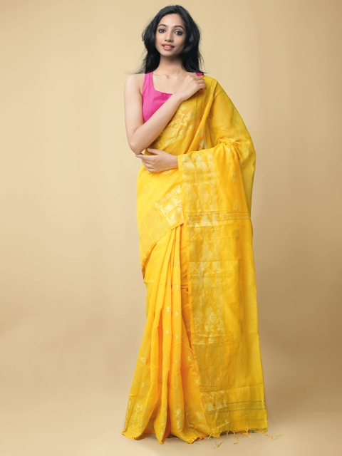 

Unnati Silks Yellow Woven Design Zari Pure Linen Jamdani Saree