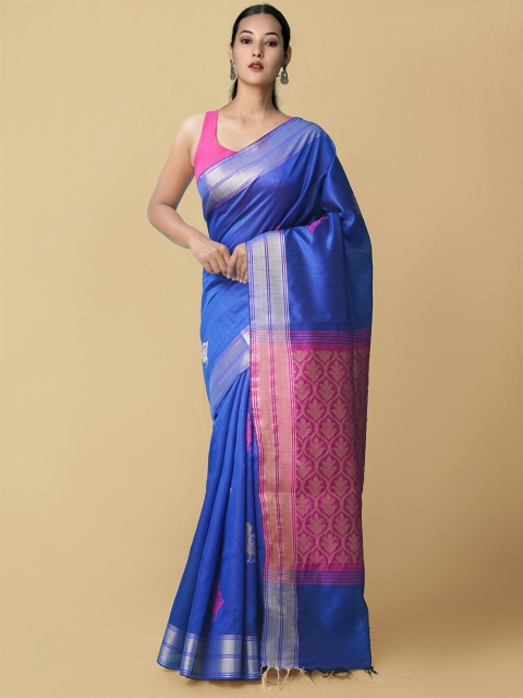 

Unnati Silks Blue & Pink Ethnic Motifs Zari Linen Blend Jamdani Saree