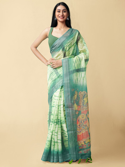 

Unnati Silks Green & Red Ethnic Motifs Linen Blend Block Print Saree