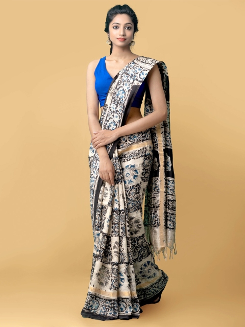 

Unnati Silks Cream-Coloured & Blue Kalamkari Pure Silk Block Print Saree