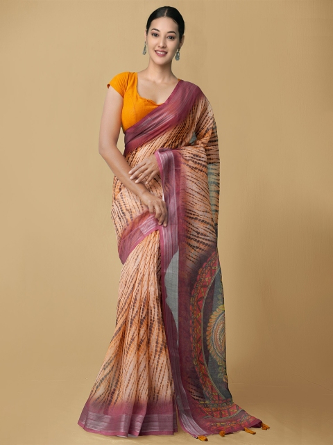 

Unnati Silks Brown & Purple Kalamkari Linen Blend Kanjeevaram Saree