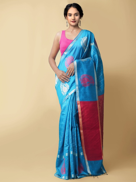 

Unnati Silks Blue & Magenta Paisley Zari Linen Blend Mysore Silk Saree