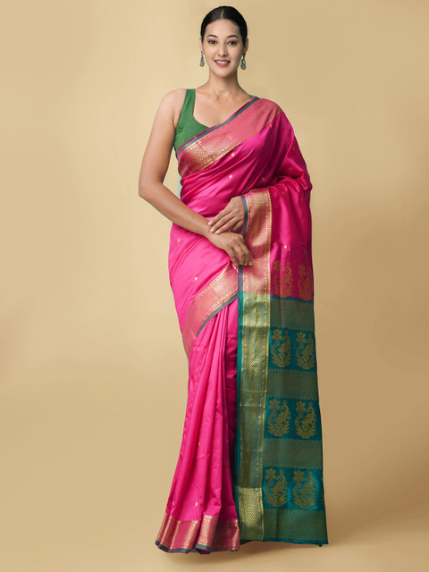

Unnati Silks Pink & Gold Woven Design Zari Silk Blend Kanjeevaram Saree