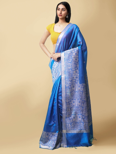 

Unnati Silks Blue & Silver Ethnic Motifs Linen Blend Mysore Silk Saree