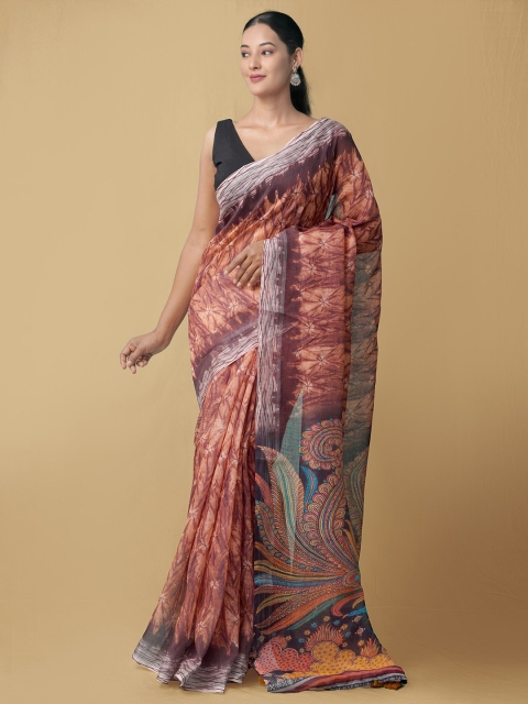 

Unnati Silks Brown & Orange Linen Blend Kalamkari Saree