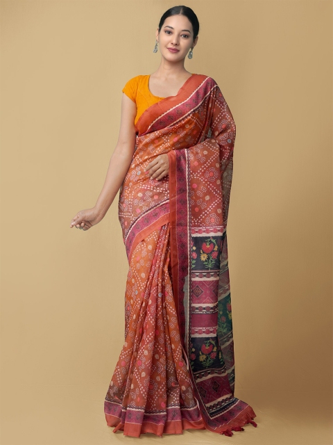 

Unnati Silks Brown & White Ethnic Motifs Silk Cotton Block Print Saree