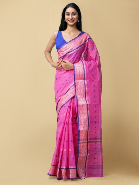 

Unnati Silks Pink & Blue Woven Design Pure Cotton Taant Saree