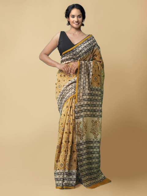 

Unnati Silks Yellow & Cream-Coloured Warli Silk Cotton Chanderi Saree