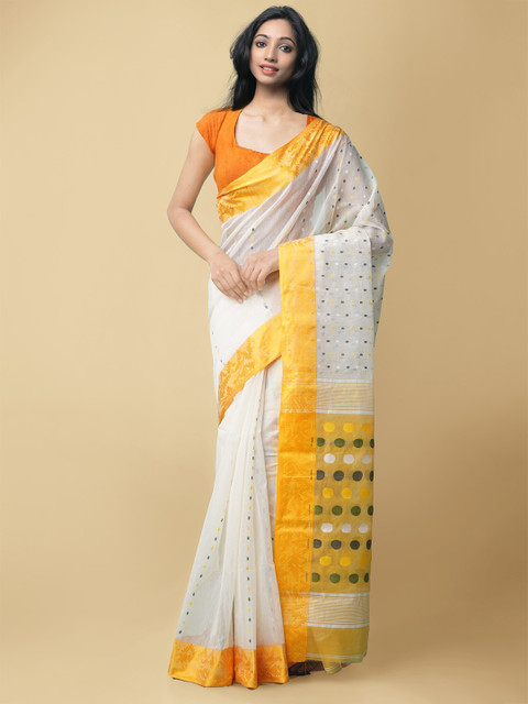 

Unnati Silks Cream-Coloured & Yellow Pure Cotton Taant Saree