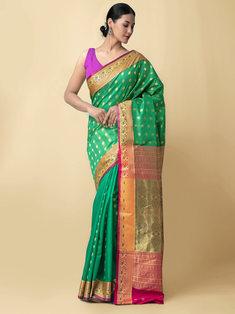 

Unnati Silks Green & Pink Woven Design Zari Silk Blend Kanjeevaram Saree