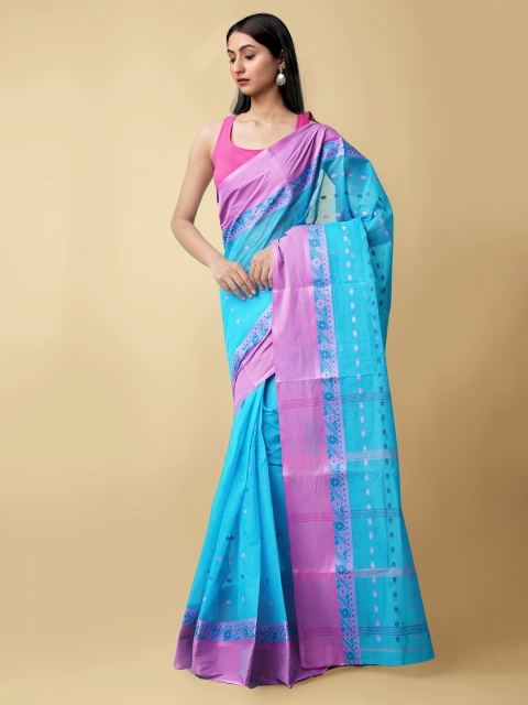 

Unnati Silks Blue & Pink Ethnic Motifs Pure Cotton Bengal Taant Saree