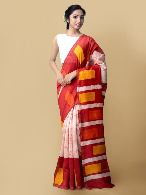 

Unnati Silks Cream-Coloured & Red Batik Printed Zari Silk Cotton Chanderi Saree