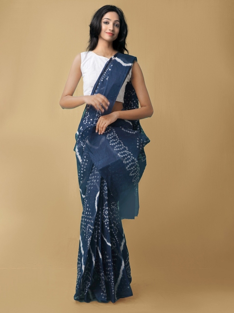 

Unnati Silks Blue & White Bandhani Printed Pure Cotton Saree