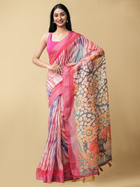 

Unnati Silks Pink & Blue Kalamkari Zari Linen Blend Kanjeevaram Saree