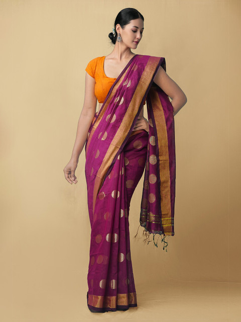 

Unnati Silks Purple & Gold-Coloured Woven Design Zari Pure Linen Saree