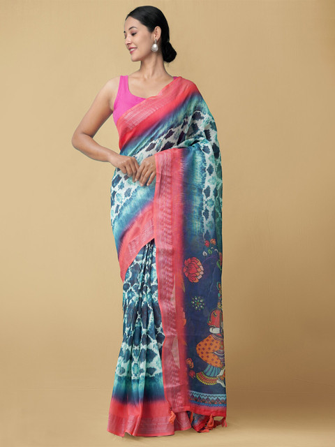 

Unnati Silks Blue & Pink Kalamkari Linen Blend Saree