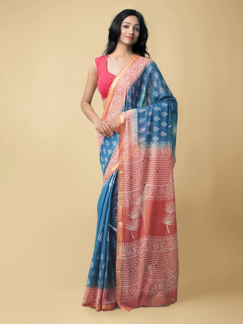 

Unnati Silks Blue & Orange Ethnic Motifs Zari Pure Cotton Block Print Saree