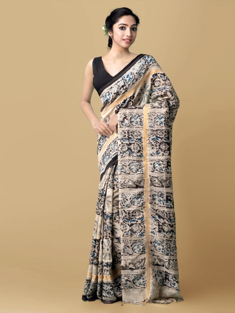 

Unnati Silks Cream-Coloured & Black Kalamkari Pure Silk Block Print Saree
