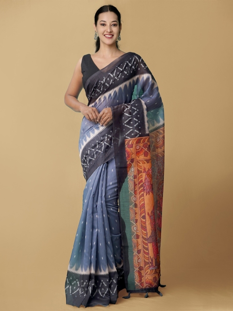 

Unnati Silks Grey & Blue Ethnic Motifs Silk Cotton Block Print Saree