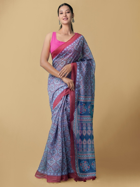 

Unnati Silks Blue & Maroon Printed Silk Cotton Block Print Saree