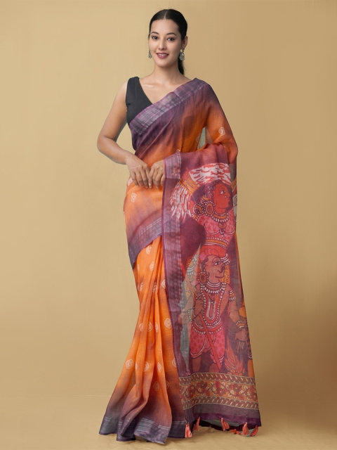 

Unnati Silks Orange & Grey Kalamkari Printed Kanjeevaram Saree