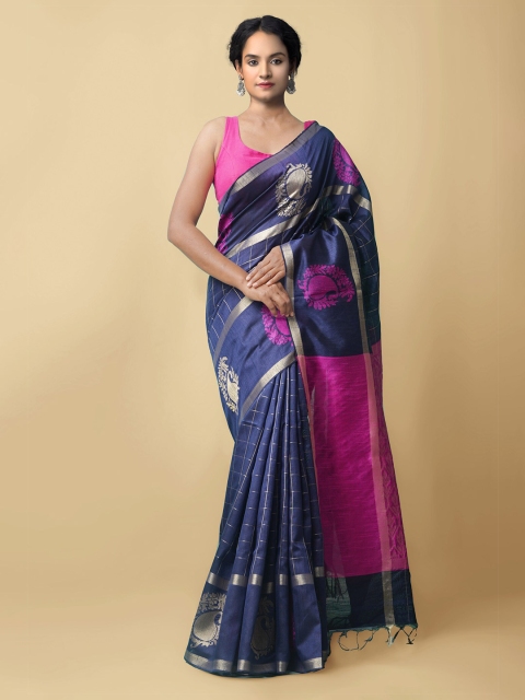 

Unnati Silks Navy Blue & Magenta Woven Design Zari Linen Blend Saree