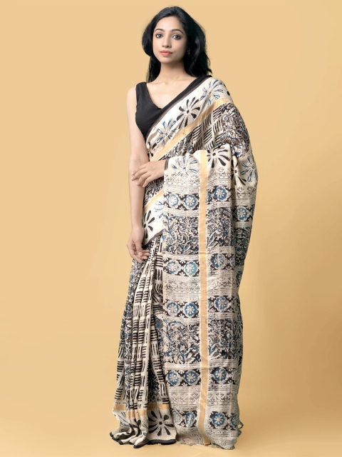 

Unnati Silks Beige & Grey Kalamkari Pure Silk Block Print Saree