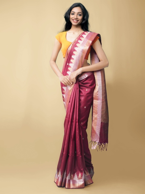 

Unnati Silks Maroon & Silver-Toned Woven Design Zari Linen Blend Mysore Silk Saree