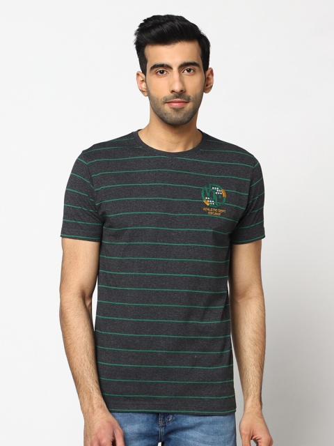 

VENITIAN Men Grey Melange & Green Striped Slim Fit T-shirt