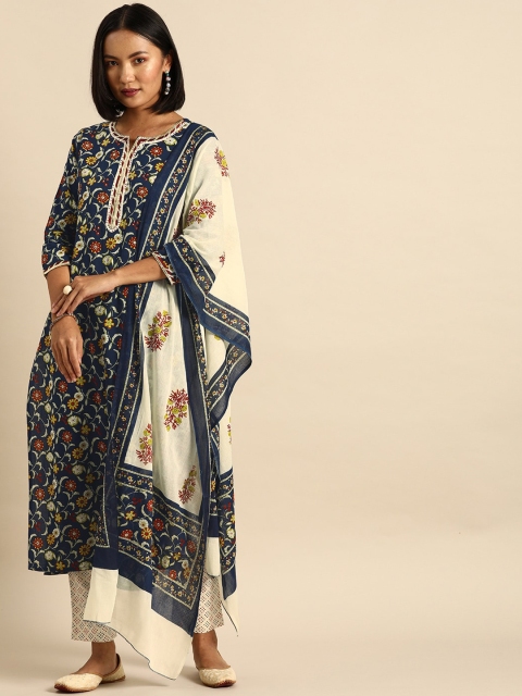 

Varanga Women Blue Ethnic Motifs Printed Pure Cotton Kurta with Trousers & With Dupatta
