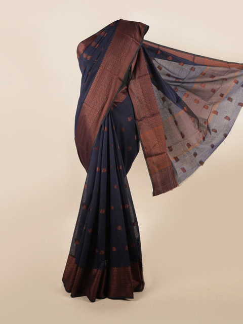 

Pothys Navy Blue & Bronze-Toned Floral Cotton Blend Saree