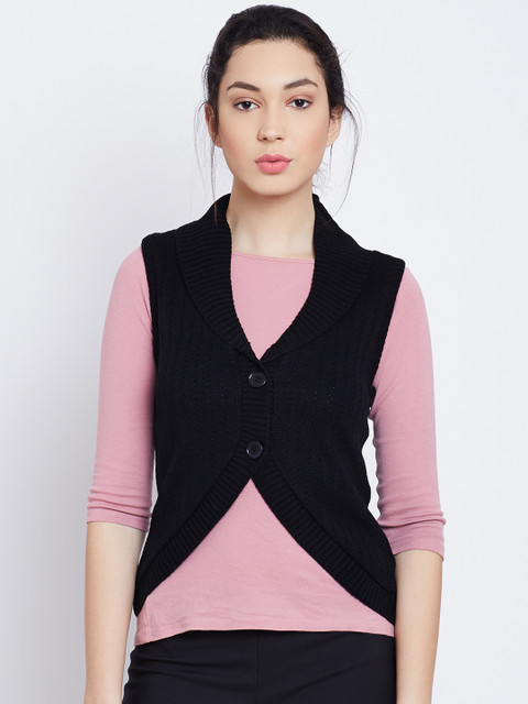 

AURELIA Women Black Patterned Sleeveless Cardigan