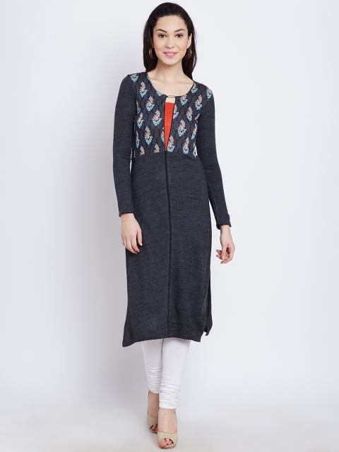 

AURELIA Women Charcoal Grey Yoke Design Straight Winter Kurta