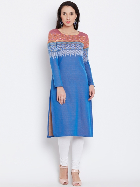 

AURELIA Women Blue Woven Design Straight Winter Kurta