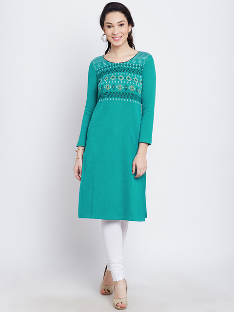 

AURELIA Women Green Woven Design Straight Winter Kurta