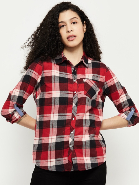 

max Women Red Tartan Checks Checked Pure Cotton Casual Shirt