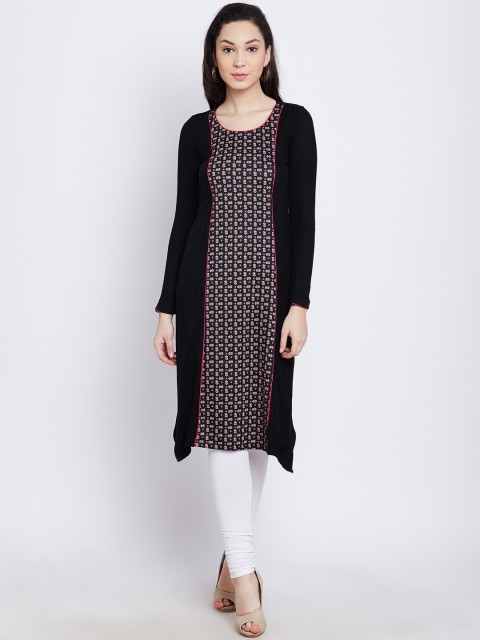 

AURELIA Women Black Printed Straight Winter Kurta