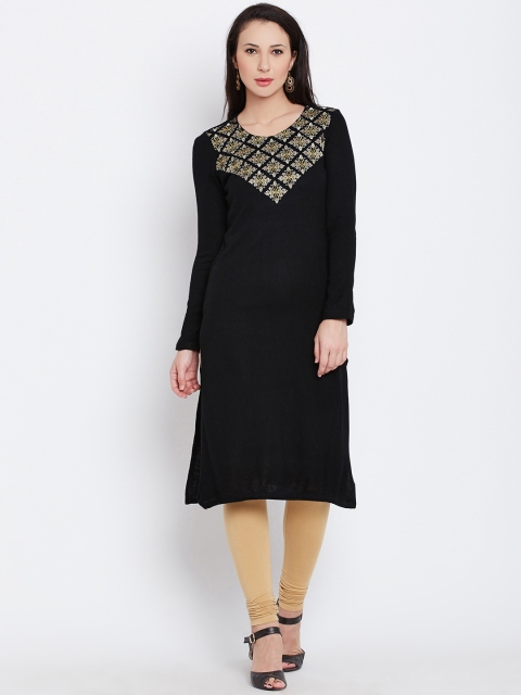

AURELIA Women Black Embroidered Straight Winter Kurta