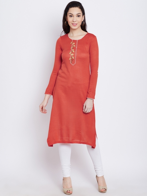 

AURELIA Women Orange Embroidered Straight Winter Kurta