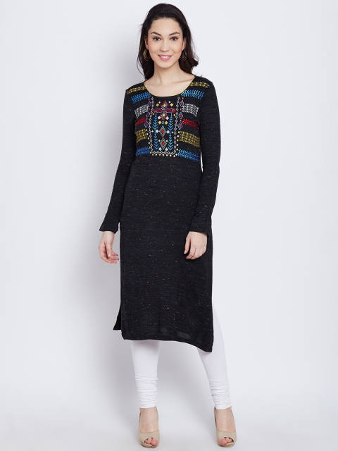 

AURELIA Women Charcoal Grey Embroidered Straight Winter Kurta, Black