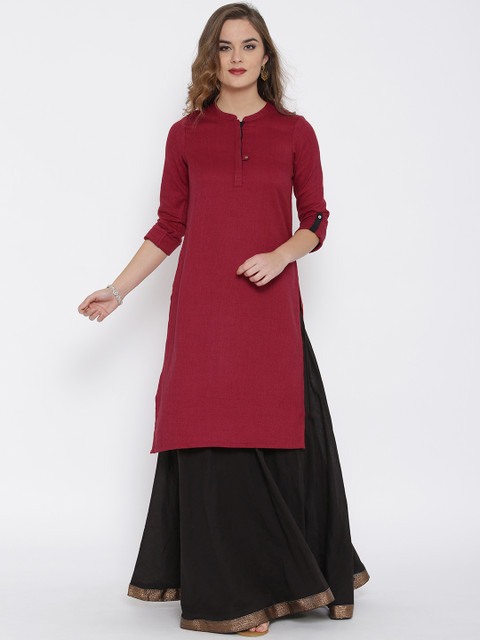 

AURELIA Women Maroon Herringbone Pattern Straight Kurta