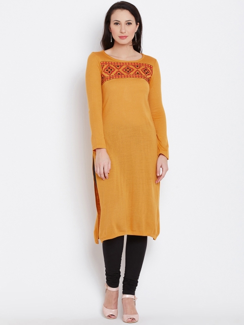 

AURELIA Women Mustard Yellow Embroidered Straight Winter Kurta