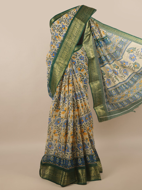 

Pothys Cream-Coloured & Green Floral Zari Saree