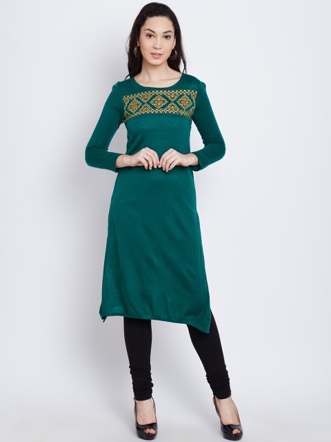 

AURELIA Women Green Embroidered Straight Winter Kurta