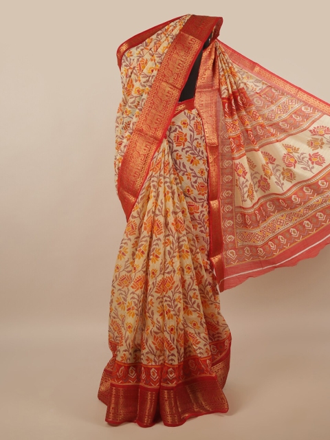

Pothys Cream-Coloured & Red Floral Zari Saree