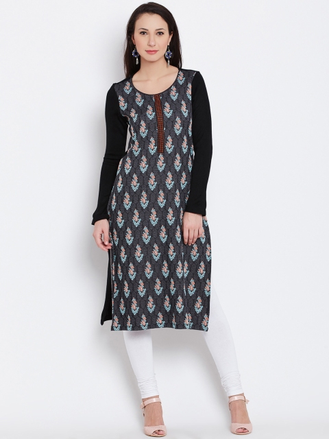 

AURELIA Women Black Woven Design Straight Winter Kurta