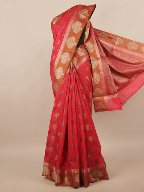 

Pothys Pink & Silver-Toned Ethnic Motifs Saree