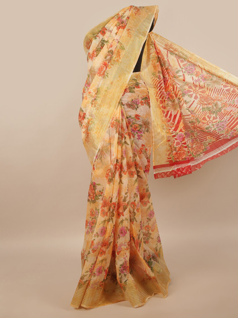 

Pothys Peach-Coloured & Green Floral Cotton Blend Saree
